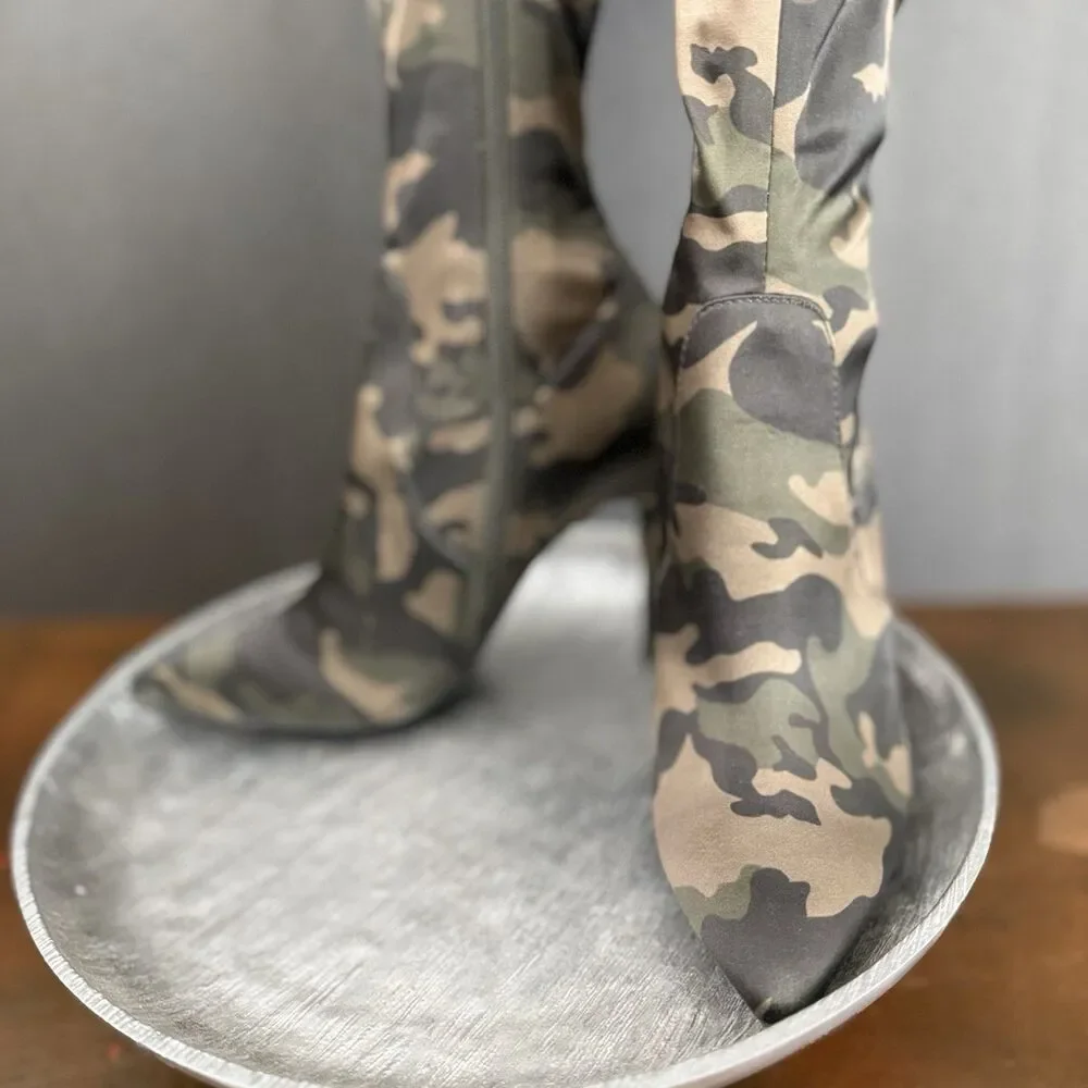 Aldo Camo Stretch Satin Thigh High Boots Size 6 Military Chic Grunge punk sleek - Picture 2 of 16